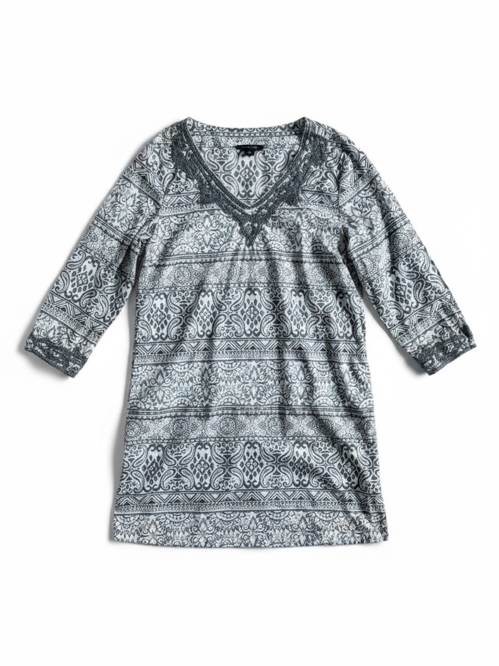 Lands’ End Boho Paisley Embroidered Tunic Top Gray White Cotton Beach Coverup S